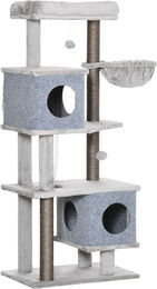 PawHut Kratzbaum für Katzen 142 cm mit 4 Ebenen, 2 Katzenhäusern, Plattformen, Korb und Sisalsäule in Grau – Bild 1 von 2