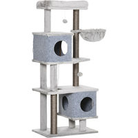 Produktbild von PawHut Kratzbaum für Katzen 142 cm mit 4 Ebenen, 2 Katzenhäusern, Plattformen, Korb und Sisalsäule in Grau