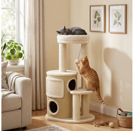 PawHut Kratzbaum für Katzen mit 2-stöckiger Kratztonne, Sisal-Kratzpfosten und Plattform, Beige – Bild 1 von 1
