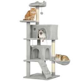 PawHut Kratzbaum für Katzen in Hellgrau mit 2 Höhlen, Korb, Hängematte und Sisal-Stämmen, 140 cm hoch – Bild 1 von 7