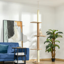 PawHut Kratzbaum für Katzen mit Deckenspanner höhenverstellbar Beige – Bild 1 von 3