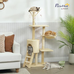 PawHut Kratzbaum für Katzen mit Höhle und Spielzeug, 134 cm hoch, Beige, Plüsch – Bild 1 von 8