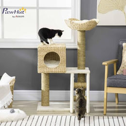 PawHut Kratzbaum für Katzen mit Katzenhöhle, Bett, Treppe und Sisal-Kratzsäulen in Natur und Weiß, 100,5 cm – Bild 1 von 7