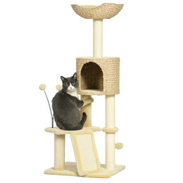 PawHut Kratzbaum für Katzen mit Katzenhöhle und Katzenbett in Beige aus Plüsch 116 cm – Bild 1 von 10