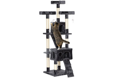 PawHut Kratzbaum für Katzen mit Katzenhöhle und Sisalstämmen, mehrstöckiger Kletterbaum aus Plüsch, Grau/Beige, 49 x 49 x 173 cm – Bild 1 von 13