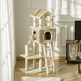 PawHut Kratzbaum für Katzen mit Katzenhöhle und Spielbällen in Beige und Plüsch 131 cm hoch – Bild 1 von 7