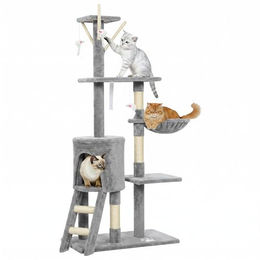 PawHut Kratzbaum Grau 134 cm mit Höhle und Spielzeug aus Plüsch für Katzen bis 5 kg – Bild 1 von 7