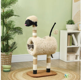 PawHut Kratzbaum im Schaf-Design für Katzen mit Tunnel und Spielball, 98 cm, Hellbraun – Bild 1 von 5