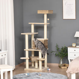 PawHut Kratzbaum mit Katzenhöhle aus Plüsch in Beige und Braun für Katzen – Bild 1 von 8