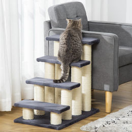 PawHut Kratzbaum Tiertreppe für Hunde und Katzen mit 4 Stufen aus Plüsch, Grau, 60 x 40.5 x 59 cm – Bild 1 von 10