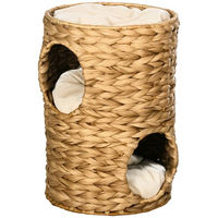 Produktbild von PawHut Kratztonne aus Bananenblatt mit 2 Höhlen und Kissen für Katzen, 47 cm hoch, Hellbraun