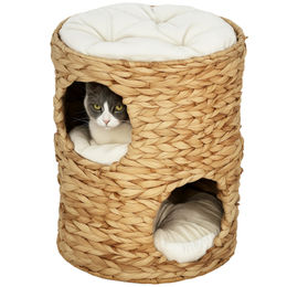 PawHut Kratztonne aus Bananenblatt mit 2 Höhlen und Kissen für Katzen, 50 cm hoch, Braun/Natur – Bild 1 von 13