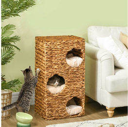 PawHut Kratztonne für Katzen aus Bananenblatt 76 cm Hoch mit 3 Höhlen und Waschbaren Kissen Hellbraun – Bild 1 von 5