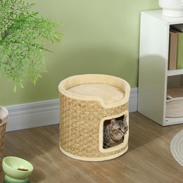 PawHut Kratztonne für Katzen mit 2 Ebenen und Tür, 37 cm hoch, Beige – Bild 1 von 11