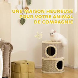 PawHut Kratztonne für Katzen mit 2 Etagen aus Sisal und Plüsch in Beige und Braun – Bild 1 von 10