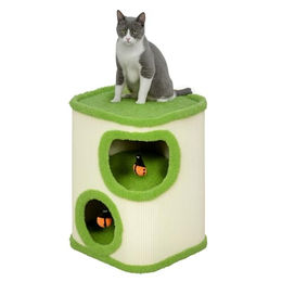 PawHut Kratztonne für Katzen mit 2 Höhlen und Marienkäfer-Spielzeug aus Sisal, 52 cm hoch, Grün-Cremeweiß – Bild 1 von 8