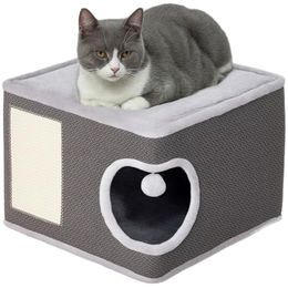 PawHut Kratztonne für Katzen mit Höhle und Spielball aus Sisal Dunkelgrau und Cremeweiß 35 cm hoch – Bild 1 von 9