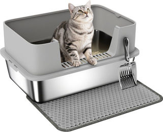 PawHut Offene Katzentoilette aus Edelstahl in Grau mit Schaufel und Matte – Bild 1 von 1