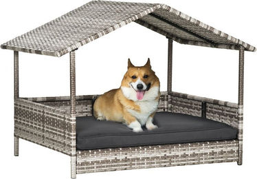 PawHut Rattan Hundehütte in Hausform mit Kissen für kleine und mittlere Hunde Grau – Bild 1 von 5