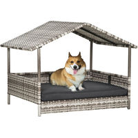 Produktbild von PawHut Rattan Hundehütte in Hausform mit Kissen für kleine und mittlere Hunde Grau