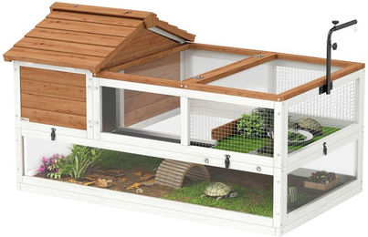 PawHut Schildkrötengehege aus Holz in Braun mit zwei Haupthäusern und Lampenhalter für Schildkröten, Geckos, Meerschweinchen und Küken – Bild 1 von 1