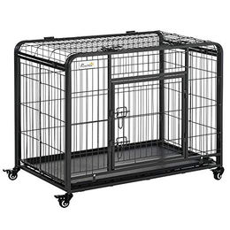 PawHut Transportbox aus Metall mit Rädern und 2 abschließbaren Türen Grau-Schwarz 94 x 58 x 69,5 cm – Bild 1 von 9