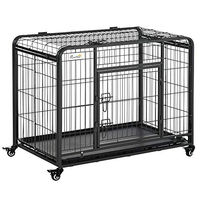Produktbild von PawHut Transportbox aus Metall mit Rädern und 2 abschließbaren Türen Grau-Schwarz 94 x 58 x 69,5 cm