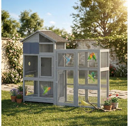 PawHut Vogelvoliere mit Erweiterung für Wellensittiche und Finken Grau 196x60x164,5cm – Bild 1 von 3
