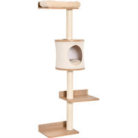 Produktbild von PawHut Wand-Kratzbaum für Katzen mit Holzplattformen, Höhlenbett und Sisal-Elementen in Beige und Eiche, 38 x 30 x 149 cm