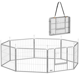 PawHut Welpenlaufstall aus Edelstahl mit 8 Gitterplatten und Schutzplane für Hund und Katze in Silber – Bild 1 von 9