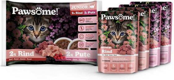 Pawsome! Junior Hundefutter Rind und Pute Stückchen in Sauce 4x85g - 4 x 85 g – Bild 1 von 3