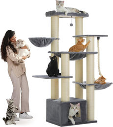 PAWZ Road XXL Kratzbaum 170 cm Beige mit Sisalstämmen Hängematte und Höhle für Katzen – Bild 1 von 2