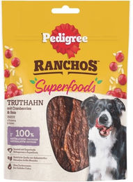 Produktbild von Pedigree Ranchos Superfoods Hundeleckerlis mit Truthahn für erwachsene Hunde ohne Zucker und Farbstoffe 7x70g
