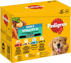 Produktbild von Pedigree Vitality+ Hundefutter Adult Stückchen in Sauce 24 x 85 g mit Rind Huhn Geflügel und Fisch - 24 x 85 g