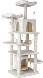 PEDY Kratzbaum für Katzen und Kätzchen mit 5 Kratzstämmen, 2 Liegeflächen, 3 Höhlen und Hängematte, 170cm, Beige – Bild 1 von 1