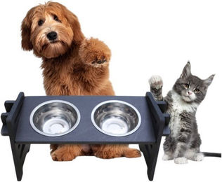 PEGSEN Futterstation aus Holz mit 2 Metallnäpfen für kleine Hunde und Katzen höhenverstellbar und ergonomisch – Bild 1 von 3
