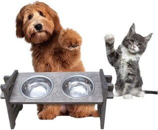 PEGSEN Futterstation aus Holz mit 2 Metallnäpfen für kleine Hunde und Katzen höhenverstellbar und ergonomisch in Grau – Bild 1 von 3