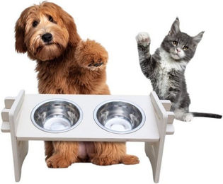 PEGSEN Futterstation aus Holz mit 2 Metallnäpfen für kleine Hunde und Katzen höhenverstellbar und ergonomisch in Weiß – Bild 1 von 3