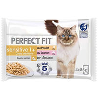 Produktbild von Perfect Fit Sensitive Sterilise Adult 1+ Katzenfutter Huhn & Lachs Stückchen in Sauce, getreidefrei, 52 Beutel à 85 g - 52 x 85 g