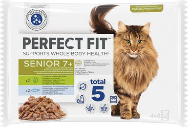 Produktbild von Perfect Fit Sterilised Senior Katzenfutter Mixpack Truthahn mit Weißfisch Stückchen in Sauce 52 x 85 g - 52 x 85 g