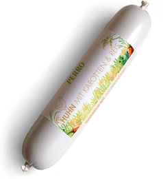 Produktbild von PERRO Delikatessrollen Menü Huhn mit Karotten und Reis Hundewurst glutenfrei und monoproteinartig 400g