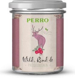 Produktbild von PERRO Geniesser Glas Hundefutter Wild und Rind mit Preiselbeeren glutenfrei und sensitive 300g