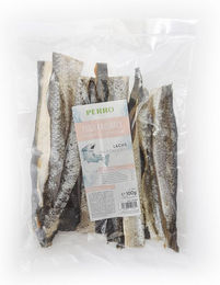 Produktbild von PERRO Kausnack Lachs Hautstangen für Hunde hypoallergen und monoproteinreich 100g