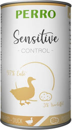 Produktbild von PERRO Sensitive Control Hundefutter Ente mit Kartoffeln Stückchen in Sauce getreidefrei und hypoallergen 1000g Dose