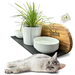 Personalisierte Futterstation aus Olivenholz mit 2 Näpfen und Katzengras-Topf für Katzen von OLIQUE – Bild 1 von 8