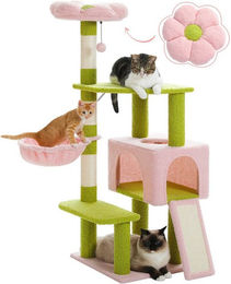 PETEPELA Katzen Kratzbaum Blumen-Design mit Schlafhaus und Sisal-Elementen 120cm Blau Grün – Bild 1 von 2