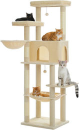 PETEPELA Kratzbaum aus Holz für Katzen mit 2 Hängematten 186cm hoch Beige – Bild 1 von 3