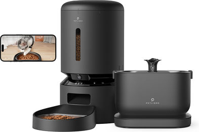 Produktbild von Petlibro Kamerafutterautomat und akkubetriebener Katzenbrunnen Set Schwarz mit einzelner Schale