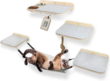 Petriumph Katzen-Kletterwand 8-teilig Wandkratzbaum mit Hängematte Kratzseil und Futternäpfen – Bild 1 von 1