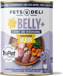 Produktbild von Pets Deli Belly Balance Nassfutter Huhn Monoprotein für adulte Tiere mit Stückchen in Sauce zur Unterstützung von Magen-Darm und Immunsystem 800g